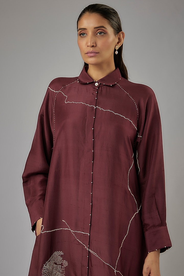 Claret Dupion Silk Embroidered Midi Vacation Dress by Divyam Mehta at Pernia's Pop Up Shop