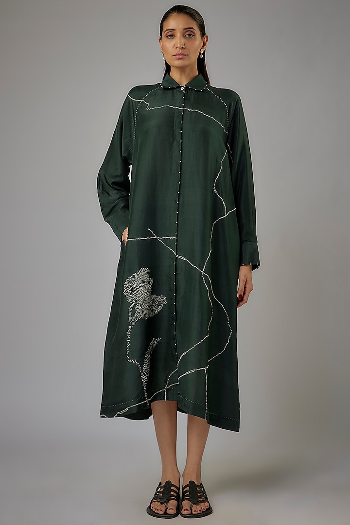 Bottle Green Dupion Silk Embroidered Midi Dress by Divyam Mehta