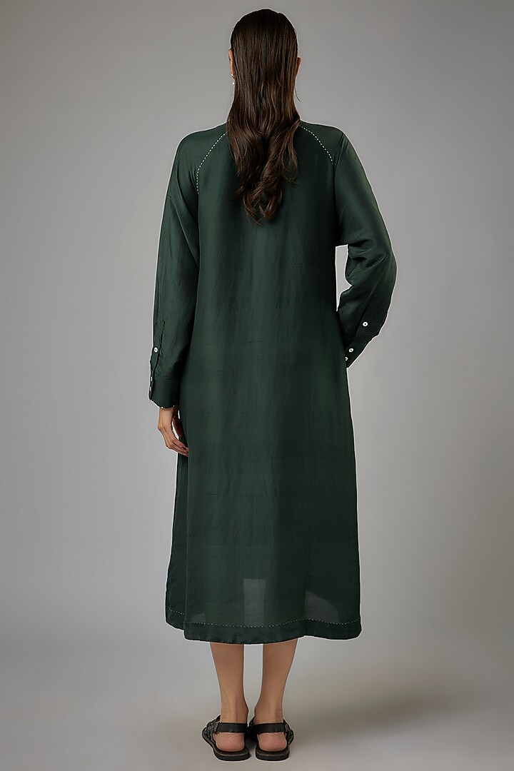 Bottle Green Dupion Silk Embroidered Midi Vacation Dress by Divyam Mehta at Pernia's Pop Up Shop