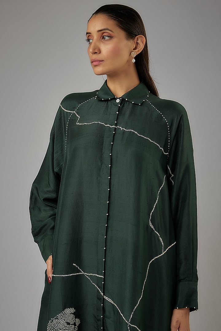 Bottle Green Dupion Silk Embroidered Midi Vacation Dress by Divyam Mehta at Pernia's Pop Up Shop