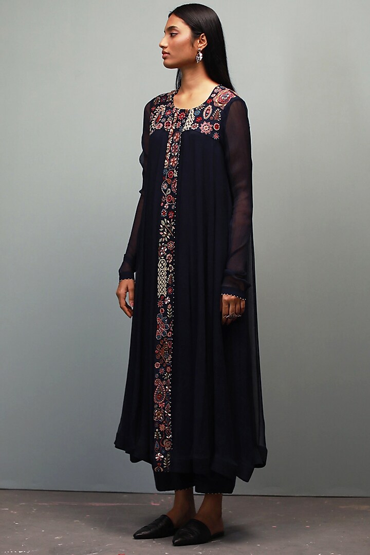 Dark Indigo Raw Silk Kantha Hand Embroidered Anarkali Set by Divyam Mehta