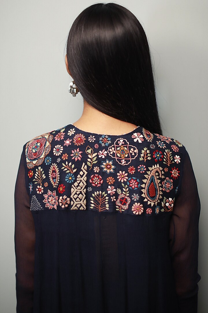 Dark Indigo Raw Silk Kantha Hand Embroidered Wedding Anarkali Set by Divyam Mehta at Pernia's Pop Up Shop