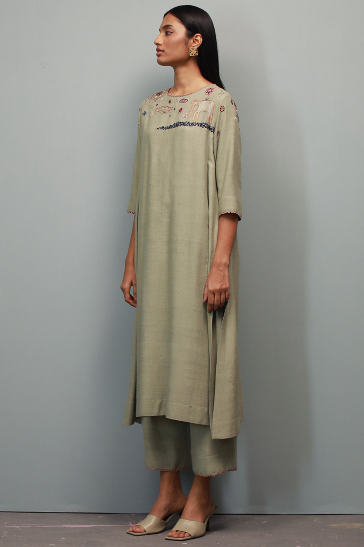 Saunf Green Kantha Hand Embroidered Kurta Set by Divyam Mehta at Pernia's Pop Up Shop