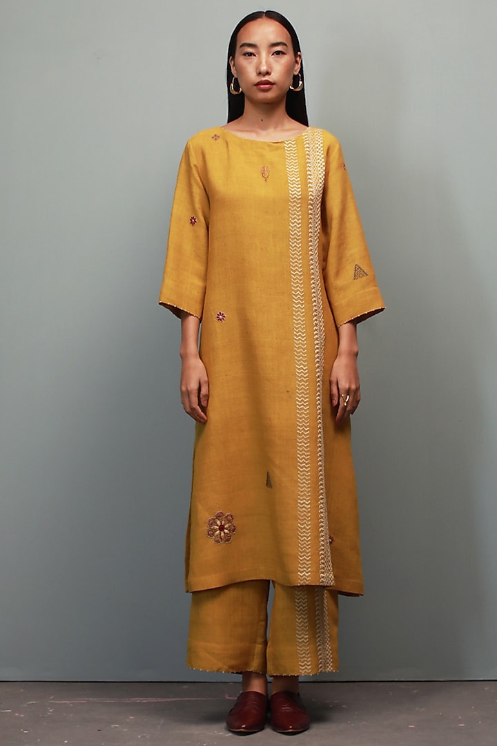 Sarson Yellow Kantha Hand Embroidered Kurta Set by Divyam Mehta