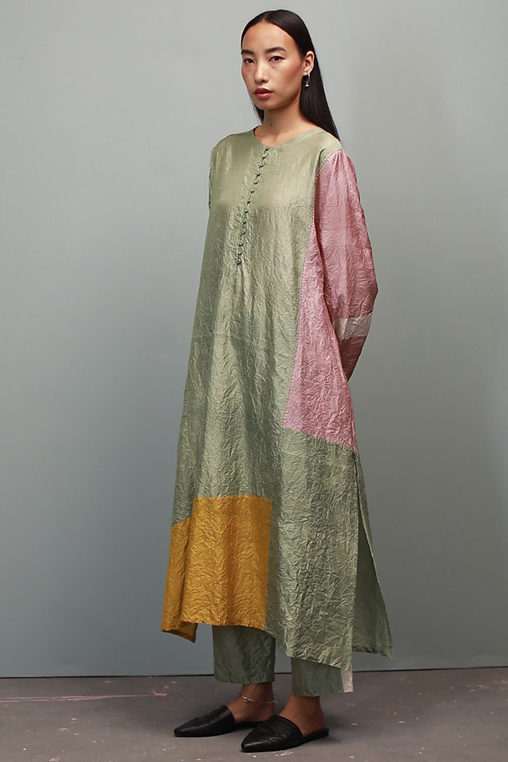 Saunf Green Kurta Set With Kantha Hand Embroidery by Divyam Mehta at Pernia's Pop Up Shop
