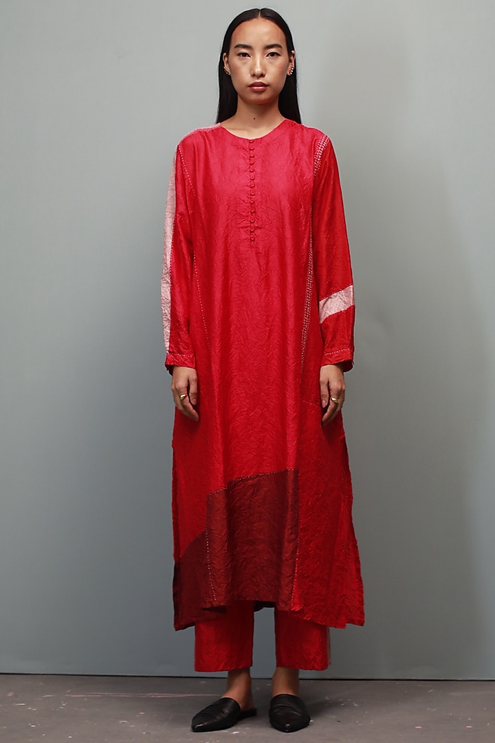 Red Kantha Hand Embroidered Kurta Set by Divyam Mehta