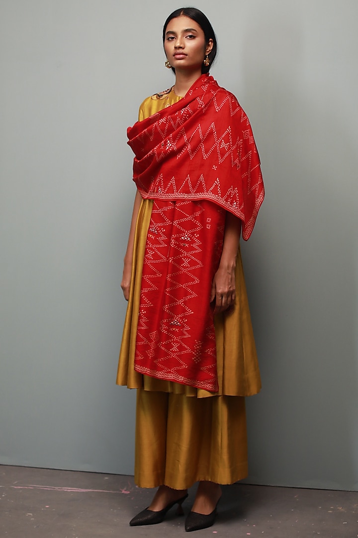 Sarson Yellow Chanderi Silk Kantha Hand Embroidered Anarkali Set by Divyam Mehta