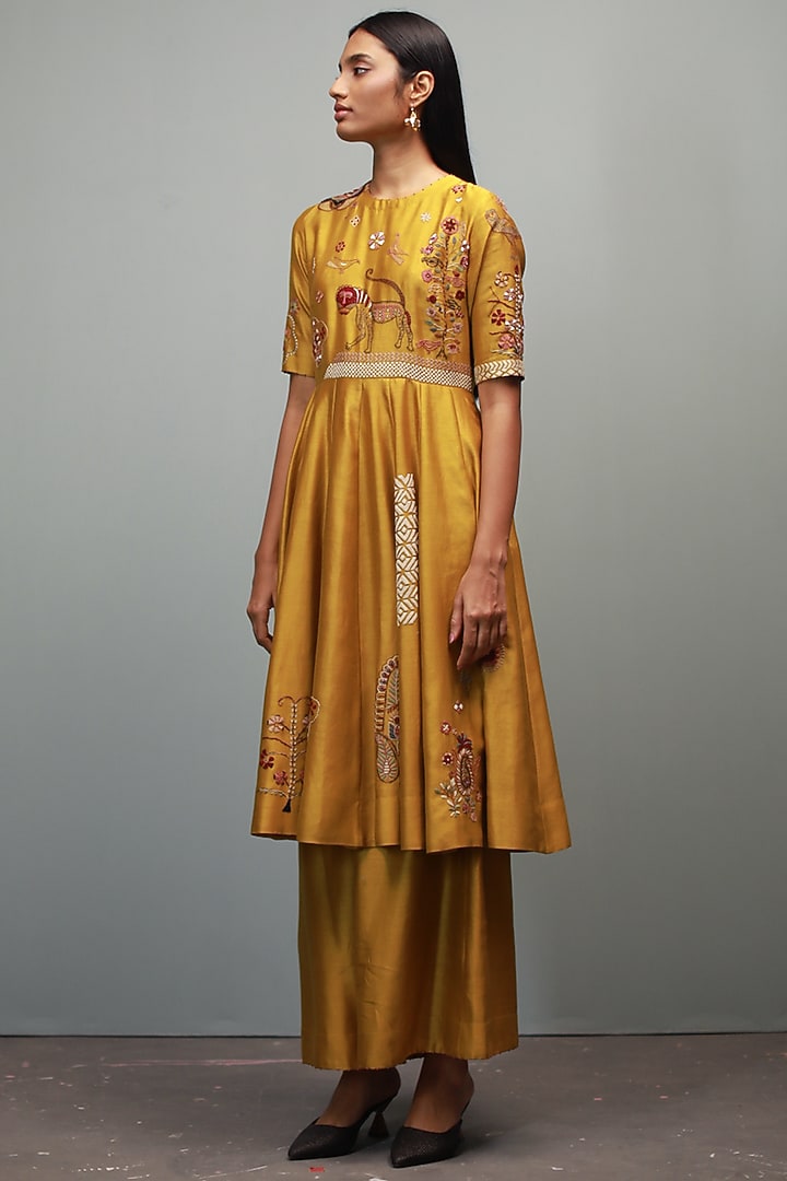 Sarson Yellow Chanderi Silk Kantha Hand Embroidered Wedding Anarkali Set by Divyam Mehta at Pernia's Pop Up Shop