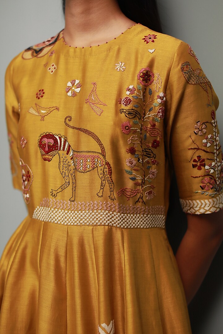Sarson Yellow Chanderi Silk Kantha Hand Embroidered Wedding Anarkali Set by Divyam Mehta at Pernia's Pop Up Shop