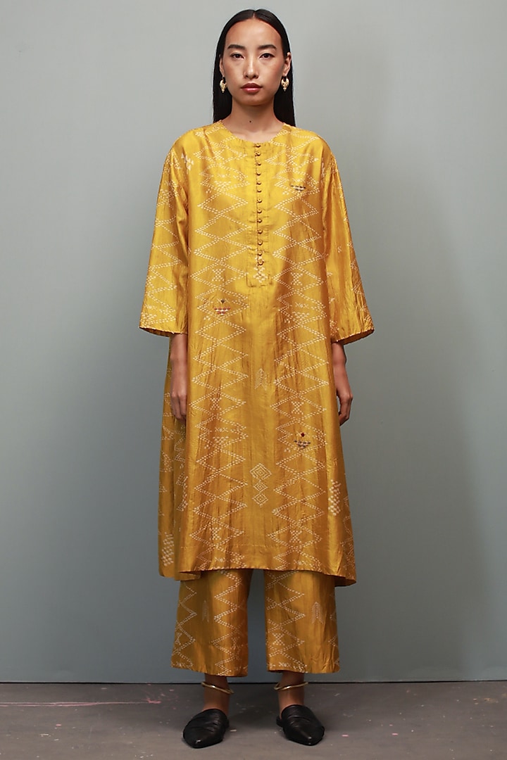 Sarson Yellow Mulberry Silk Block Printed Co-Ord Set by Divyam Mehta