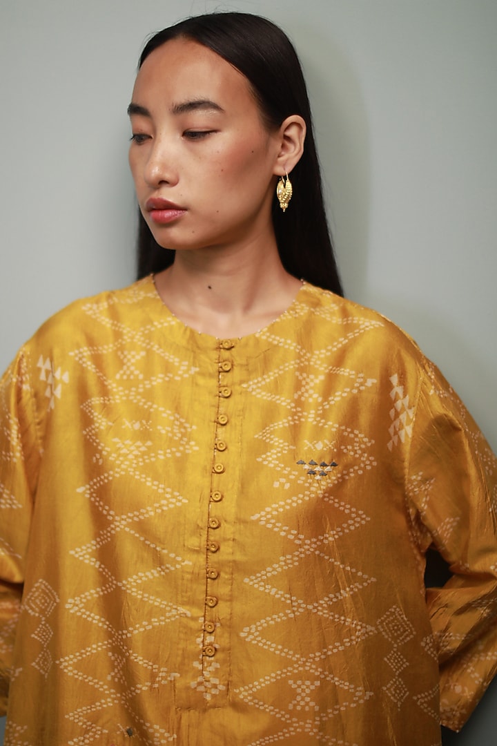 Sarson Yellow Mulberry Silk Block Printed Co-Ord Set by Divyam Mehta at Pernia's Pop Up Shop