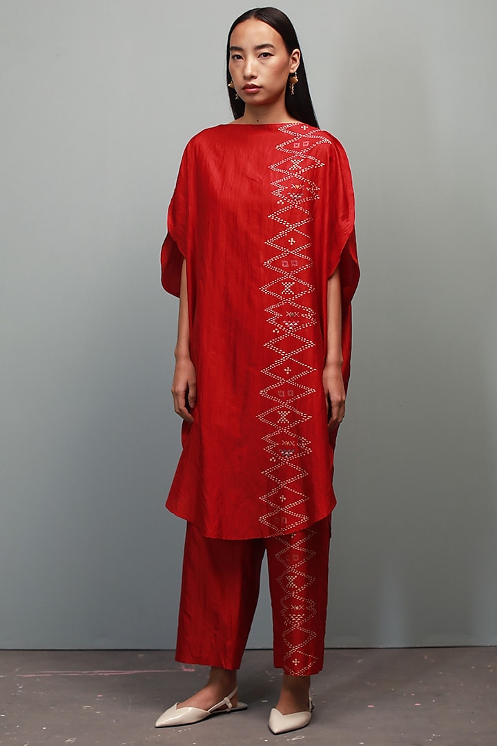 Poppy Red Mulberry Silk Block Printed Co-Ord Set by Divyam Mehta