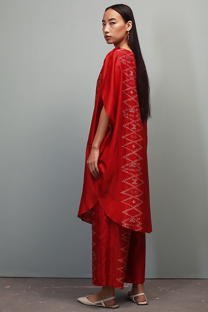 Poppy Red Mulberry Silk Block Printed Co-Ord Set by Divyam Mehta at Pernia's Pop Up Shop