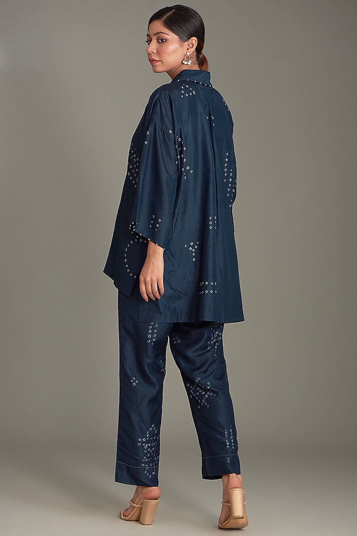 Blue Mulberry Silk Bandhani Shirt by Divyam Mehta at Pernia's Pop Up Shop