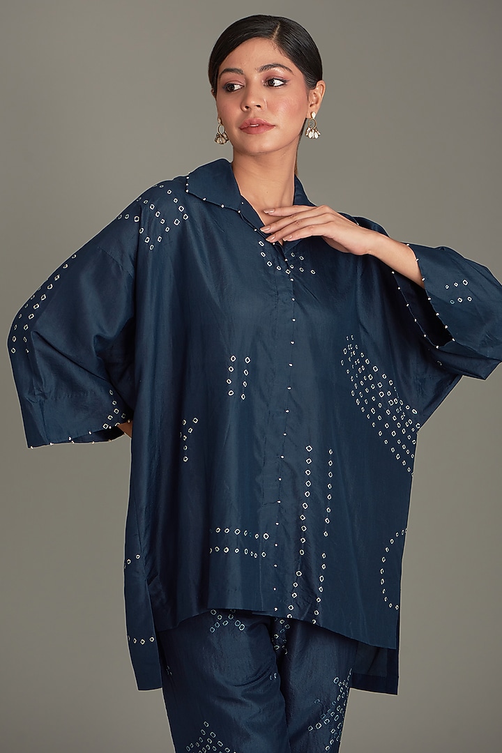 Blue Mulberry Silk Bandhani Shirt by Divyam Mehta at Pernia's Pop Up Shop
