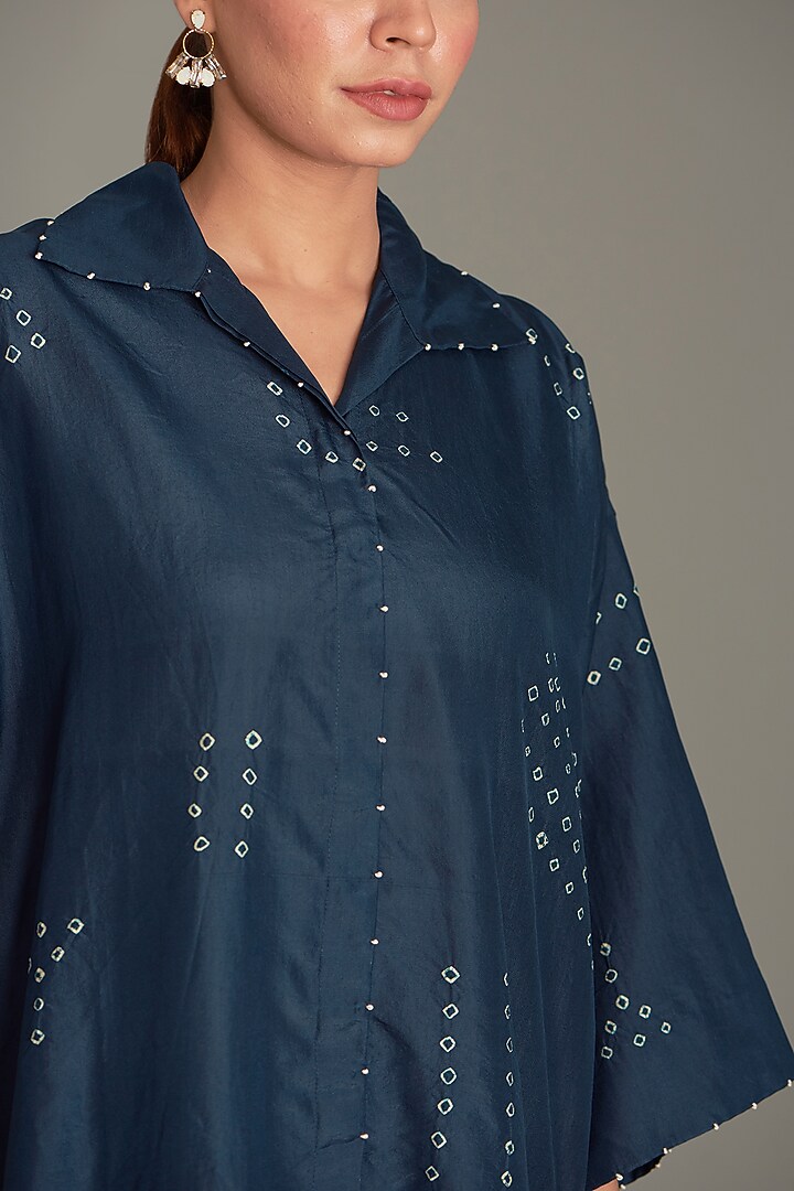 Blue Mulberry Silk Bandhani Shirt by Divyam Mehta at Pernia's Pop Up Shop