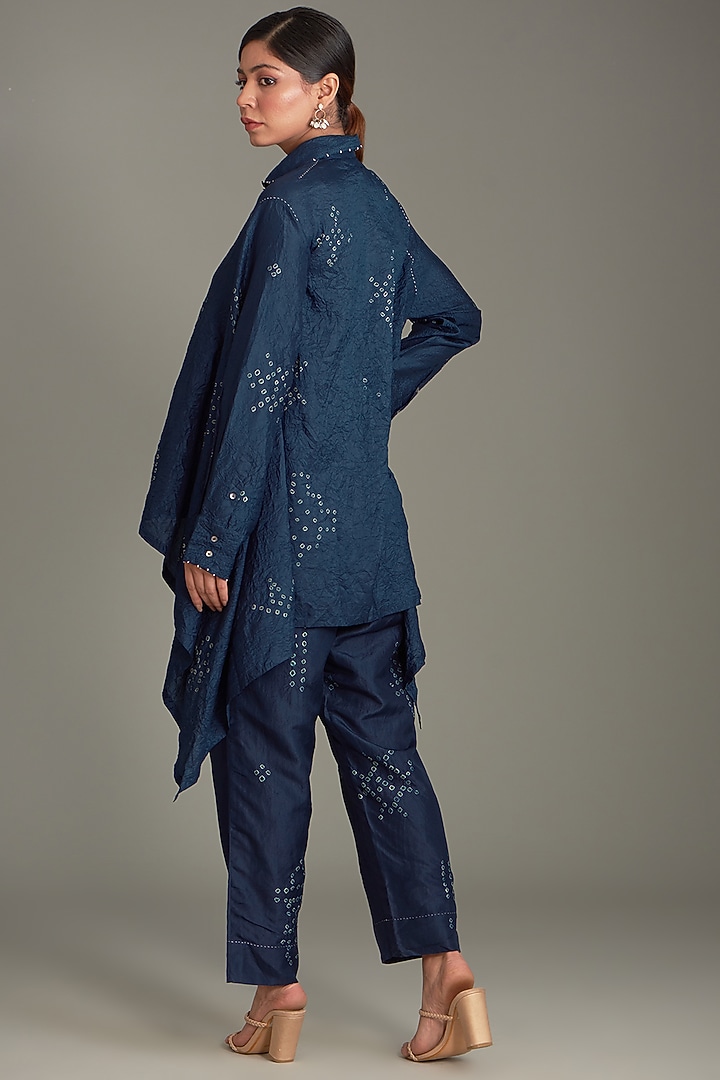 Blue Mulberry Silk Bandhani Draped Shirt by Divyam Mehta at Pernia's Pop Up Shop