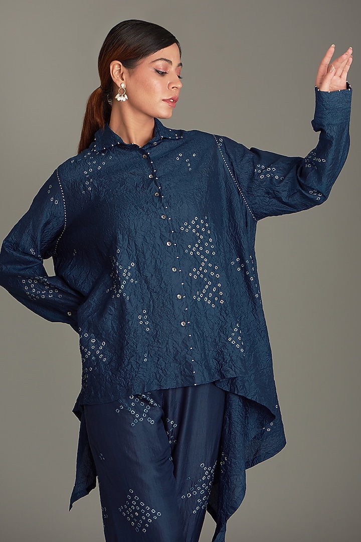 Blue Mulberry Silk Bandhani Draped Shirt by Divyam Mehta at Pernia's Pop Up Shop