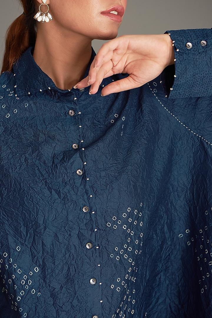 Blue Mulberry Silk Bandhani Draped Shirt by Divyam Mehta at Pernia's Pop Up Shop