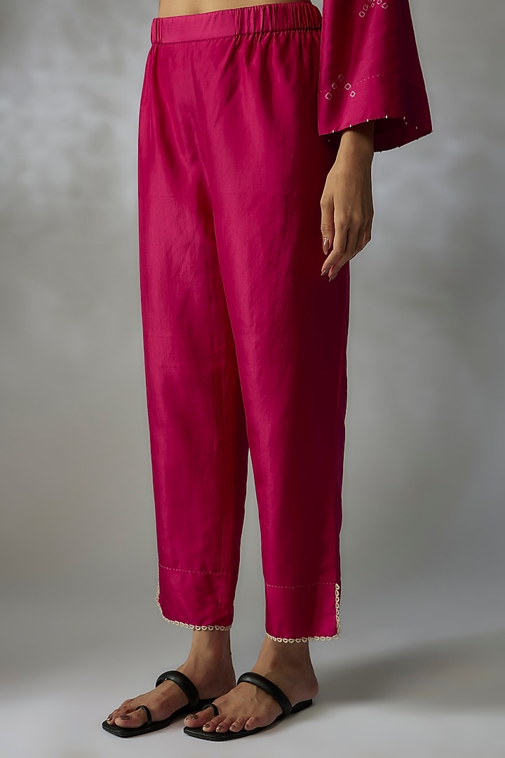 Fuchsia Mulberry Silk Hand-Dyed Bandhani Kurta Set by Divyam Mehta at Pernia's Pop Up Shop