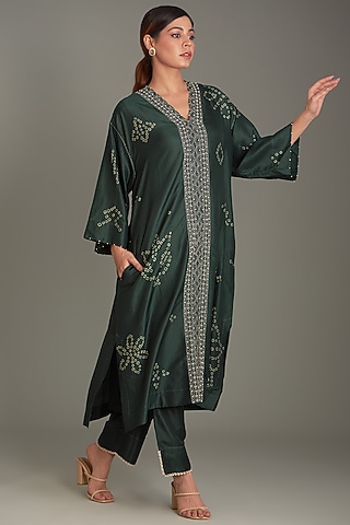 Bottle Green Mulberry Silk Bandhani Kurta Set by Divyam Mehta