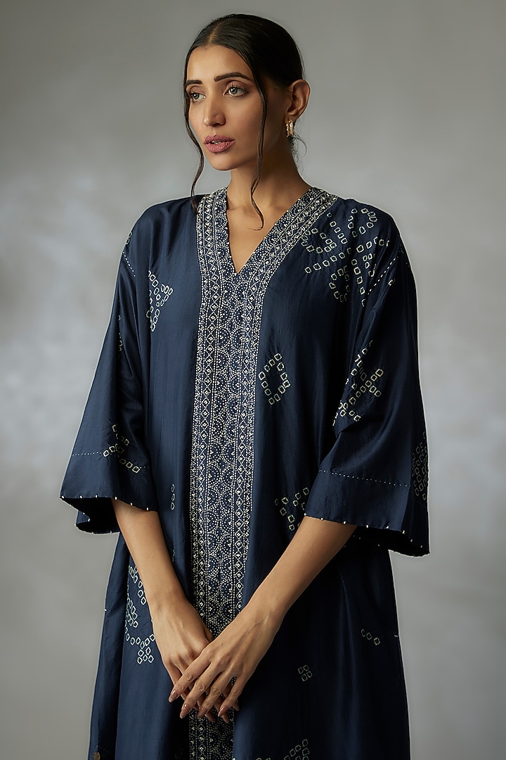 Blue Mulberry Silk Hand-Dyed Bandhani Kurta Set by Divyam Mehta at Pernia's Pop Up Shop