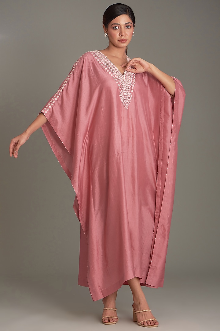 Coral Mulberry Silk Embroidered Kaftan by Divyam Mehta