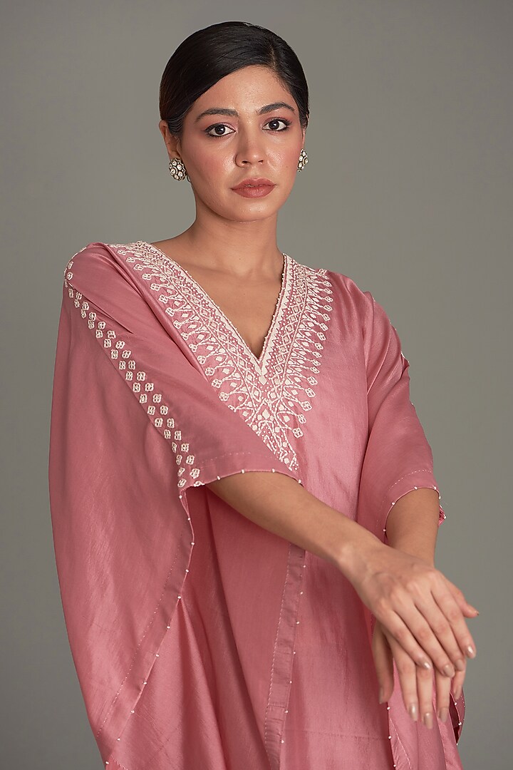 Coral Mulberry Silk Embroidered Kaftan by Divyam Mehta at Pernia's Pop Up Shop