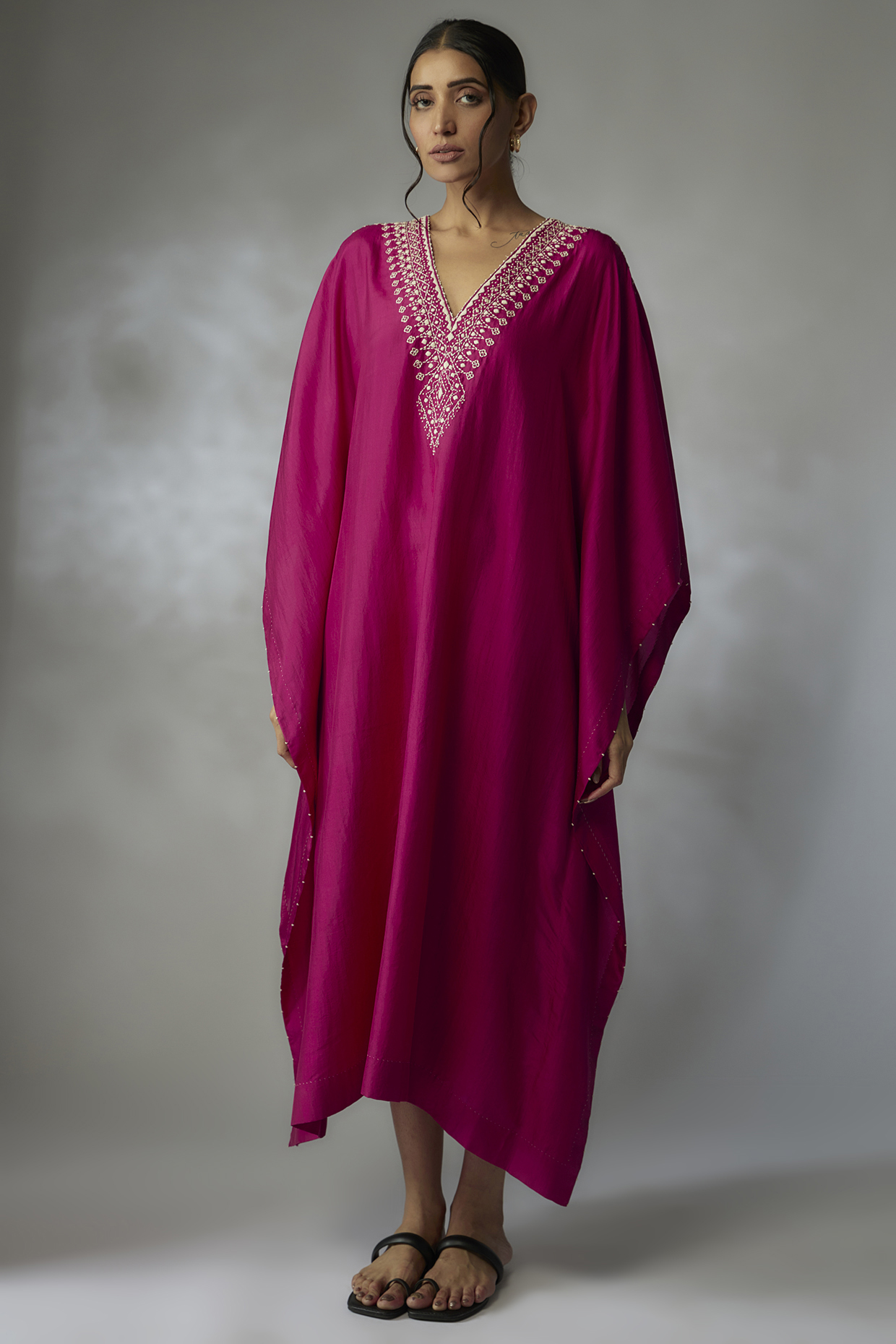 Fuchsia Mulberry Silk Kaftan by Divyam Mehta at Pernia's Pop Up Shop