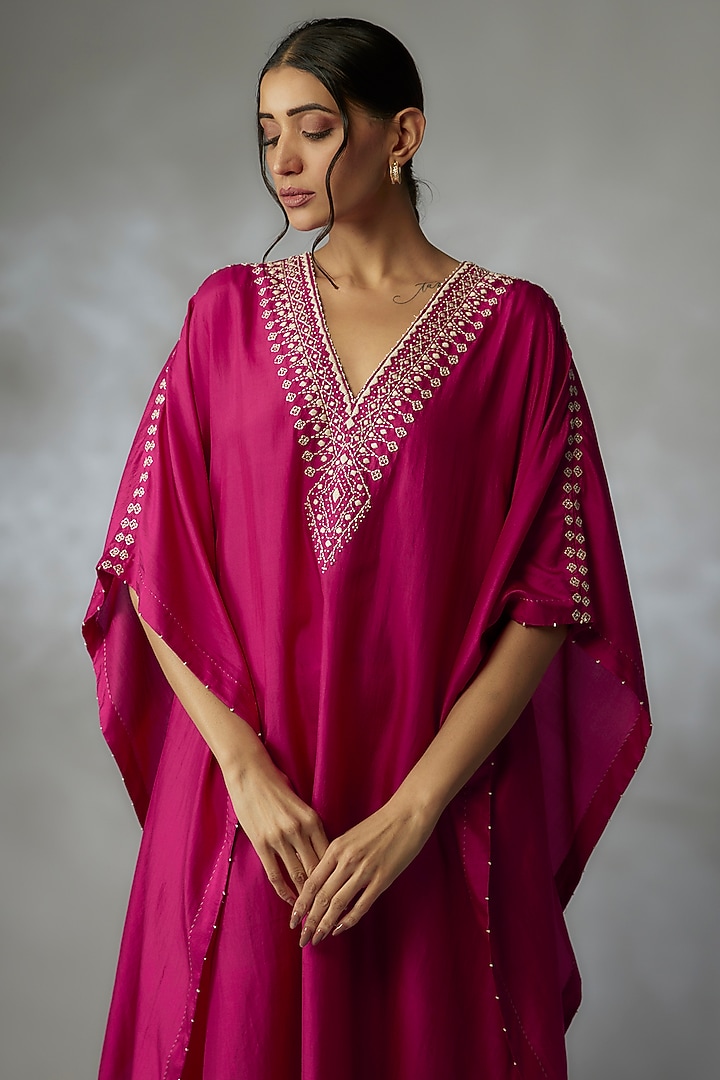Fuchsia Mulberry Silk Kaftan by Divyam Mehta at Pernia's Pop Up Shop