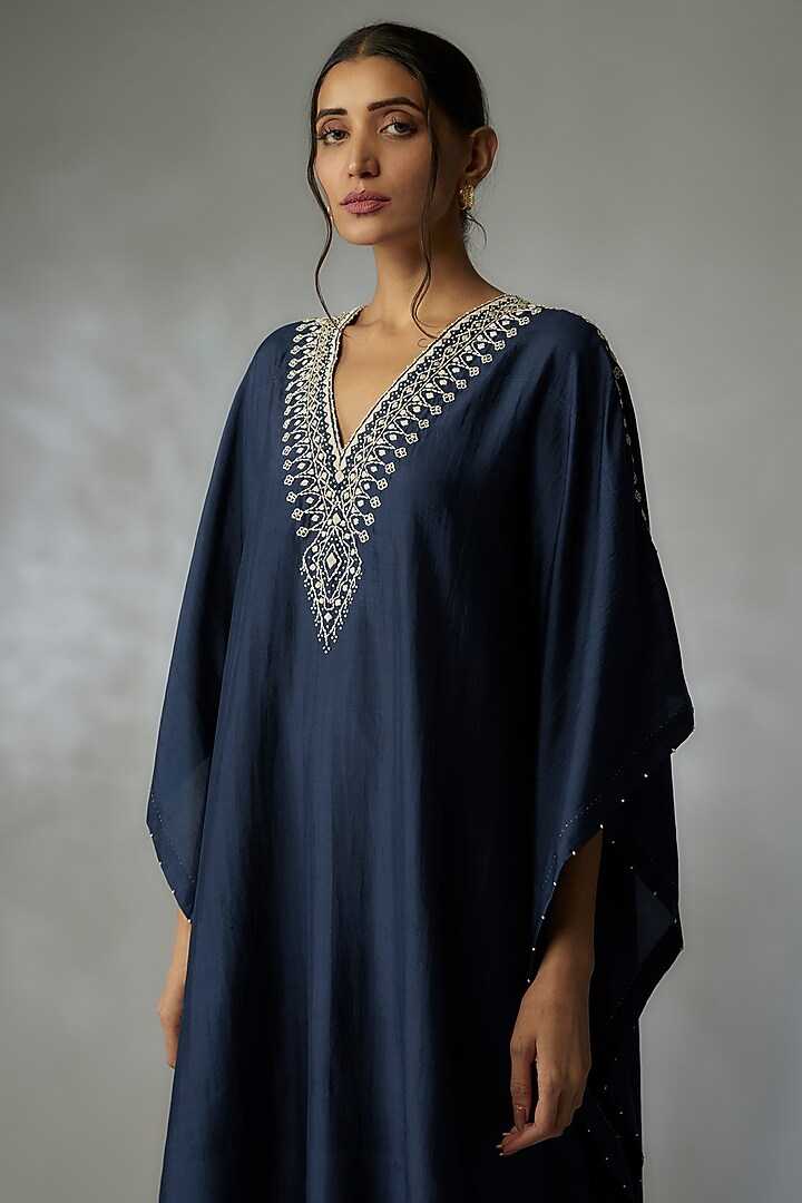 Blue Mulberry Silk Kaftan by Divyam Mehta at Pernia's Pop Up Shop