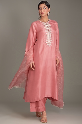 Coral Mulberry & Dupion Embroidered Kurta Set by Divyam Mehta