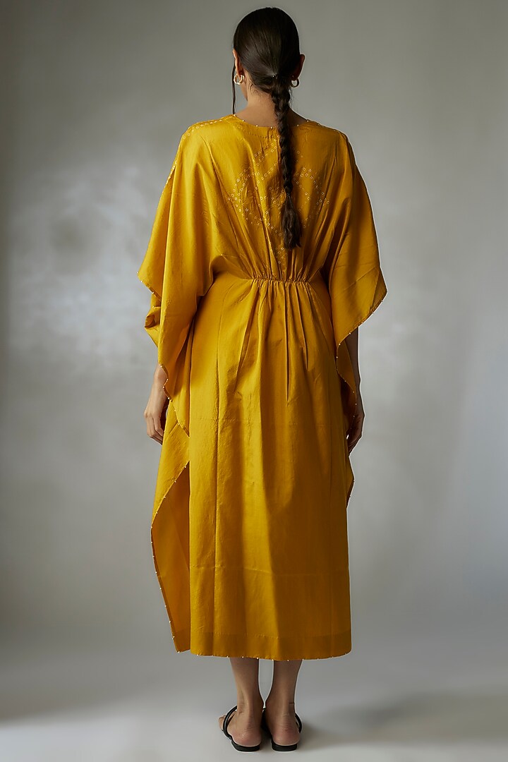 Haldi Yellow Mulberry Silk Bandhani Kaftan by Divyam Mehta at Pernia's Pop Up Shop