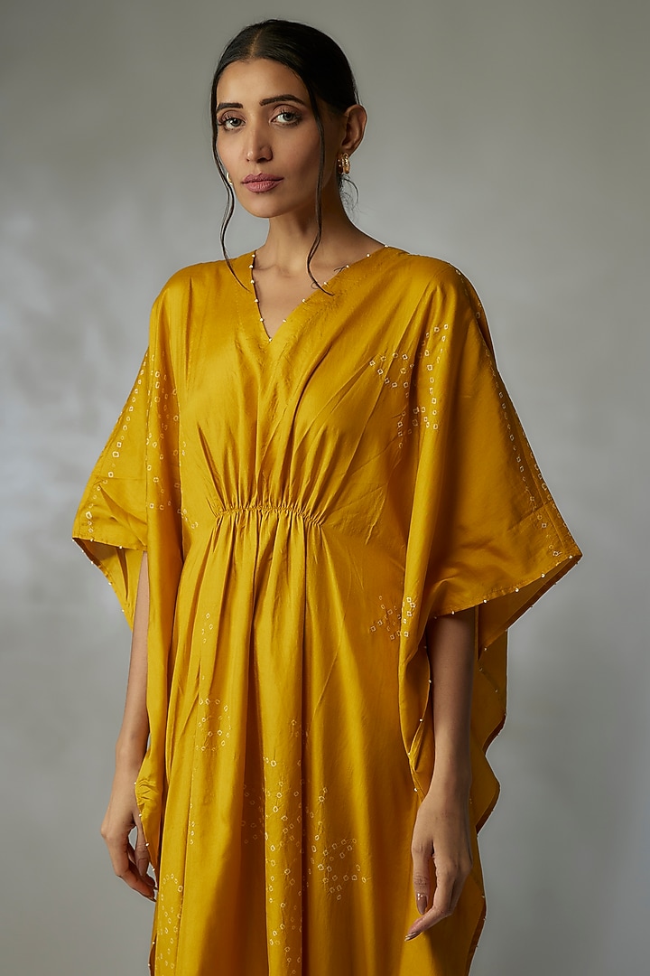 Haldi Yellow Mulberry Silk Bandhani Kaftan by Divyam Mehta at Pernia's Pop Up Shop