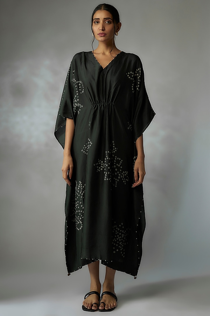 Bottle Green Mulberry Silk Bandhani Kaftan by Divyam Mehta at Pernia's Pop Up Shop