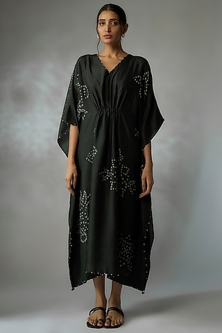 Bottle Green Mulberry Silk Bandhani Kaftan by Divyam Mehta