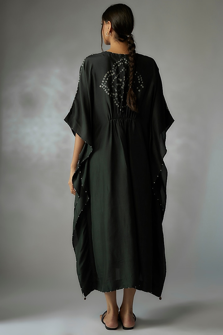 Bottle Green Mulberry Silk Bandhani Kaftan by Divyam Mehta at Pernia's Pop Up Shop