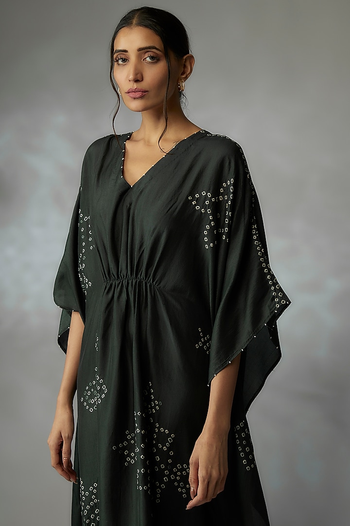 Bottle Green Mulberry Silk Bandhani Kaftan by Divyam Mehta at Pernia's Pop Up Shop