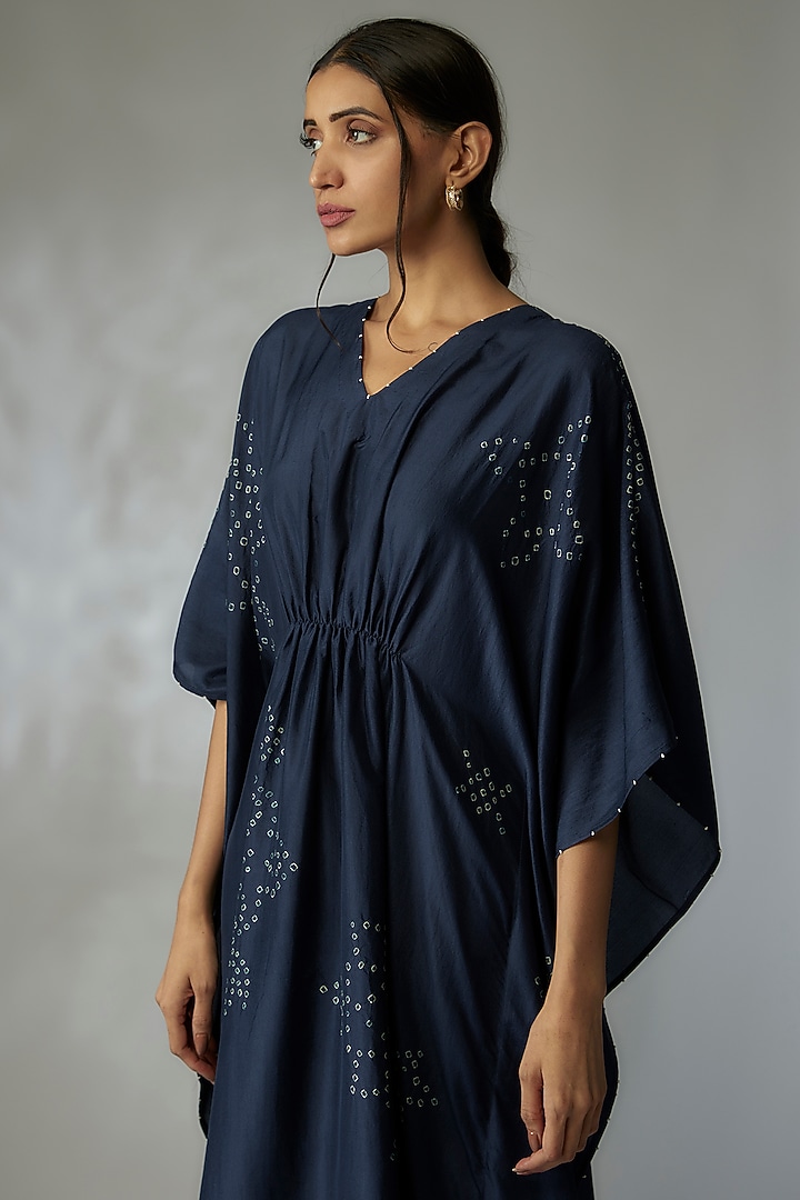 Blue Mulberry Silk Bandhani Kaftan by Divyam Mehta at Pernia's Pop Up Shop