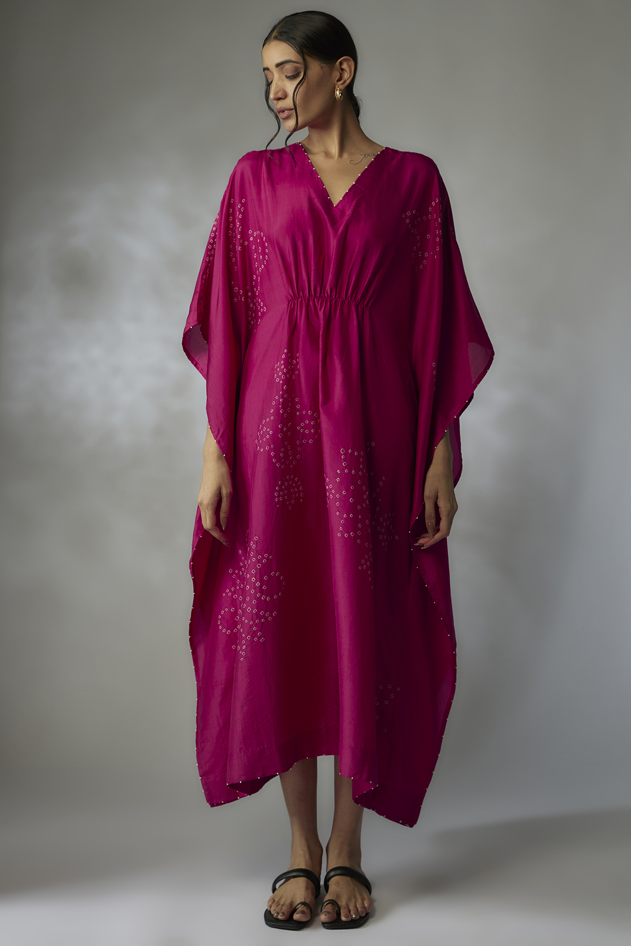 Fuchsia Mulberry Silk Bandhani Kaftan by Divyam Mehta at Pernia's Pop Up Shop