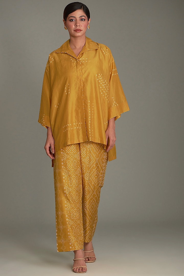 Yellow Mulberry Silk Bandhani Shirt by Divyam Mehta at Pernia's Pop Up Shop