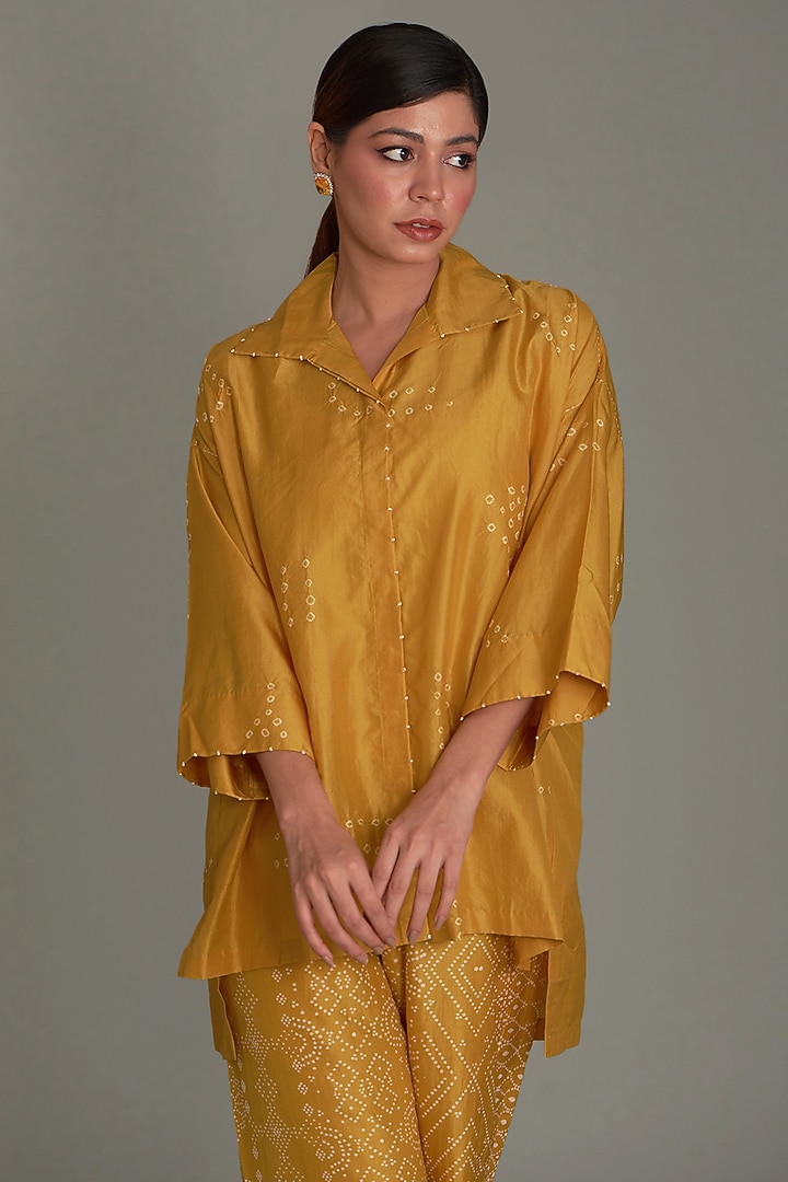 Yellow Mulberry Silk Bandhani Shirt by Divyam Mehta at Pernia's Pop Up Shop