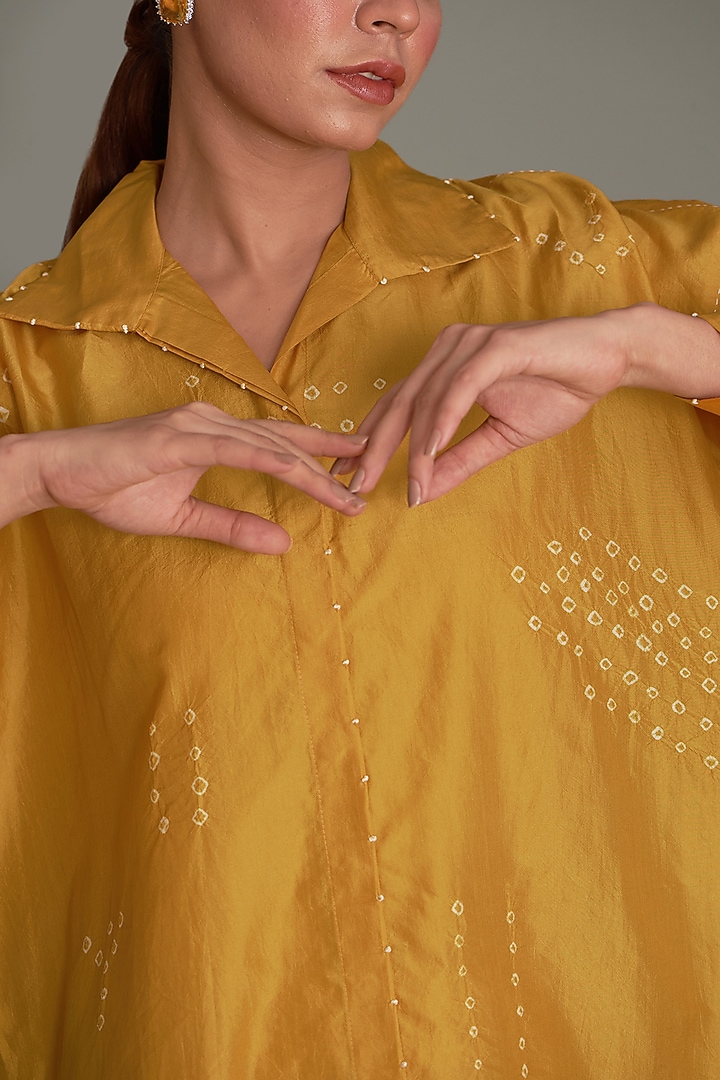 Yellow Mulberry Silk Bandhani Shirt by Divyam Mehta at Pernia's Pop Up Shop