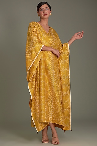 Yellow Mulberry Silk Printed Kaftan by Divyam Mehta