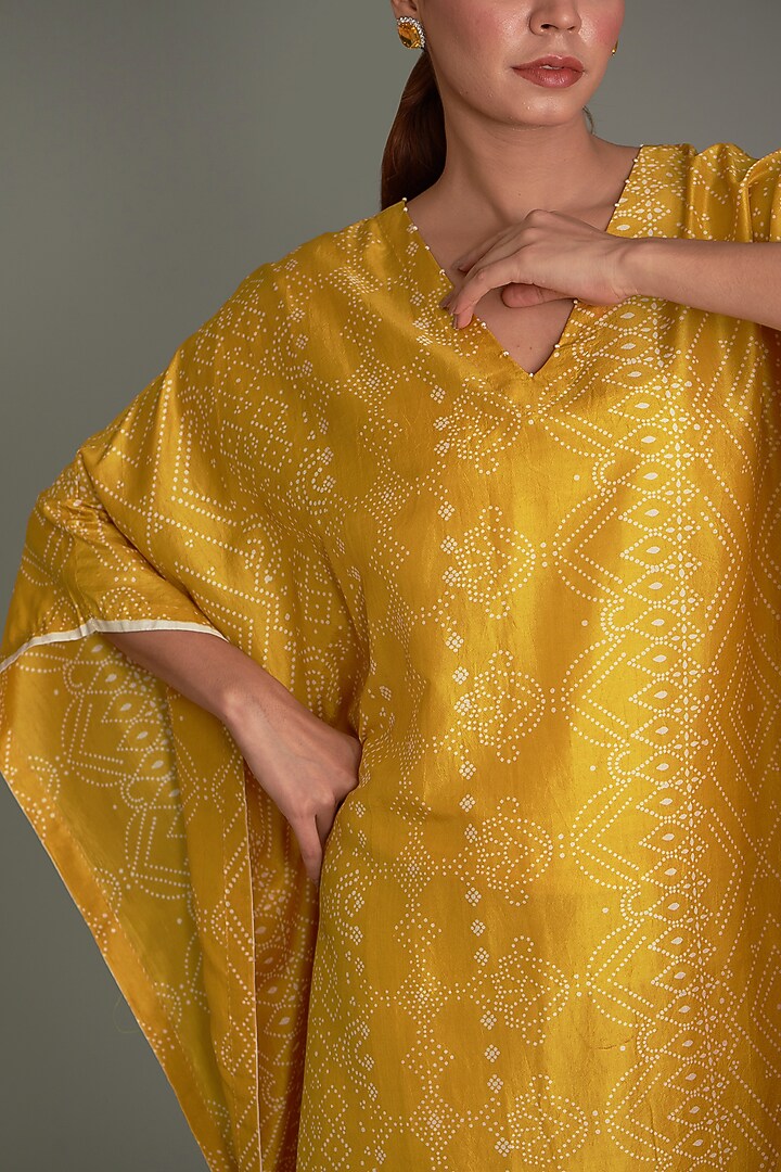 Yellow Mulberry Silk Printed Kaftan by Divyam Mehta at Pernia's Pop Up Shop