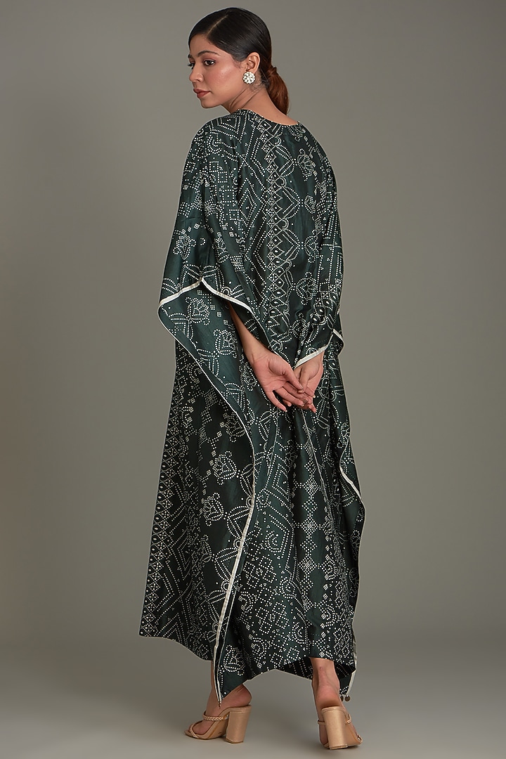 Bottle Green Mulberry Silk Printed Kaftan by Divyam Mehta at Pernia's Pop Up Shop