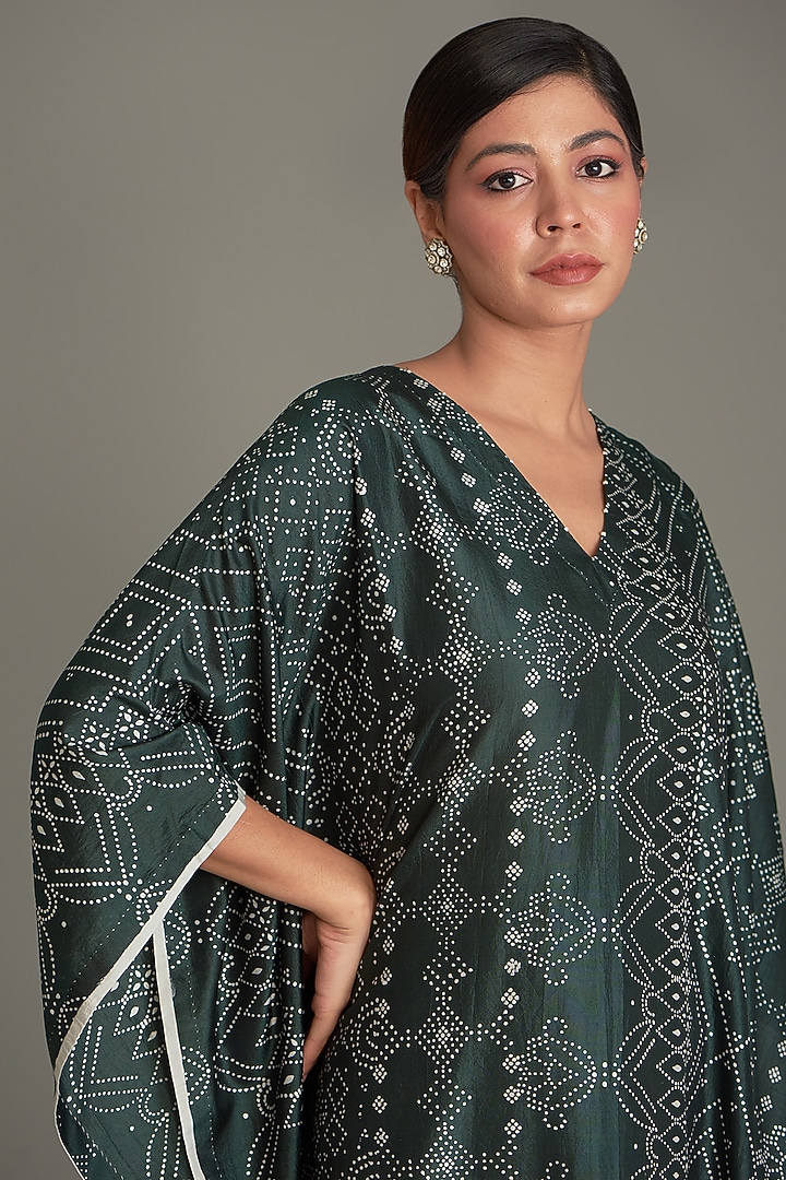 Bottle Green Mulberry Silk Printed Kaftan by Divyam Mehta at Pernia's Pop Up Shop