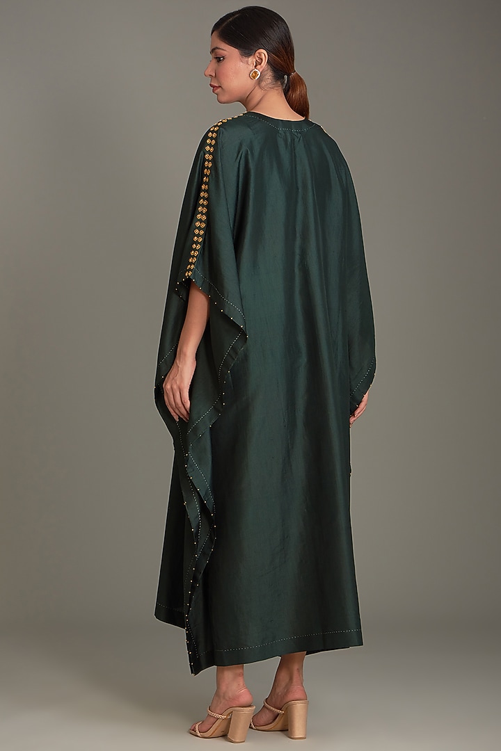 Bottle Green Mulberry Silk Embroidered Kaftan by Divyam Mehta at Pernia's Pop Up Shop