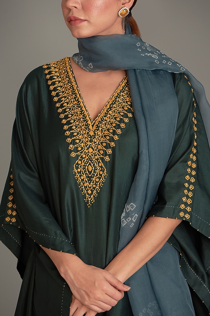 Bottle Green Mulberry Silk Embroidered Kaftan by Divyam Mehta at Pernia's Pop Up Shop