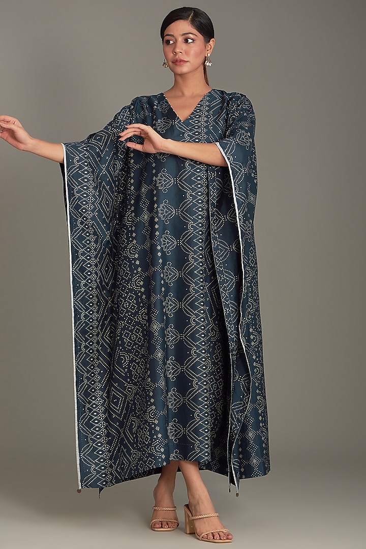 Blue Mulberry Silk Printed Kaftan by Divyam Mehta at Pernia's Pop Up Shop